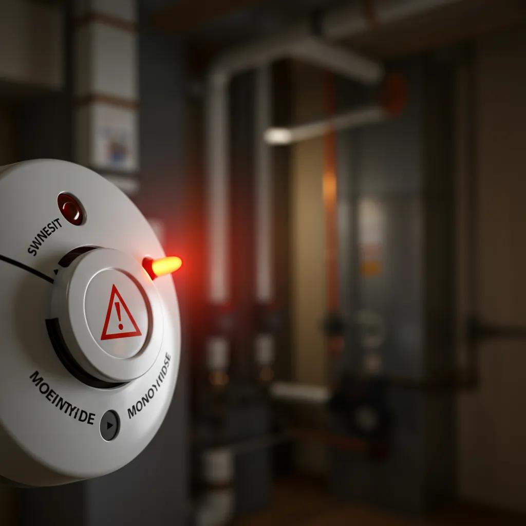 A carbon monoxide detector flashing a warning light, highlighting the critical importance of furnace safety