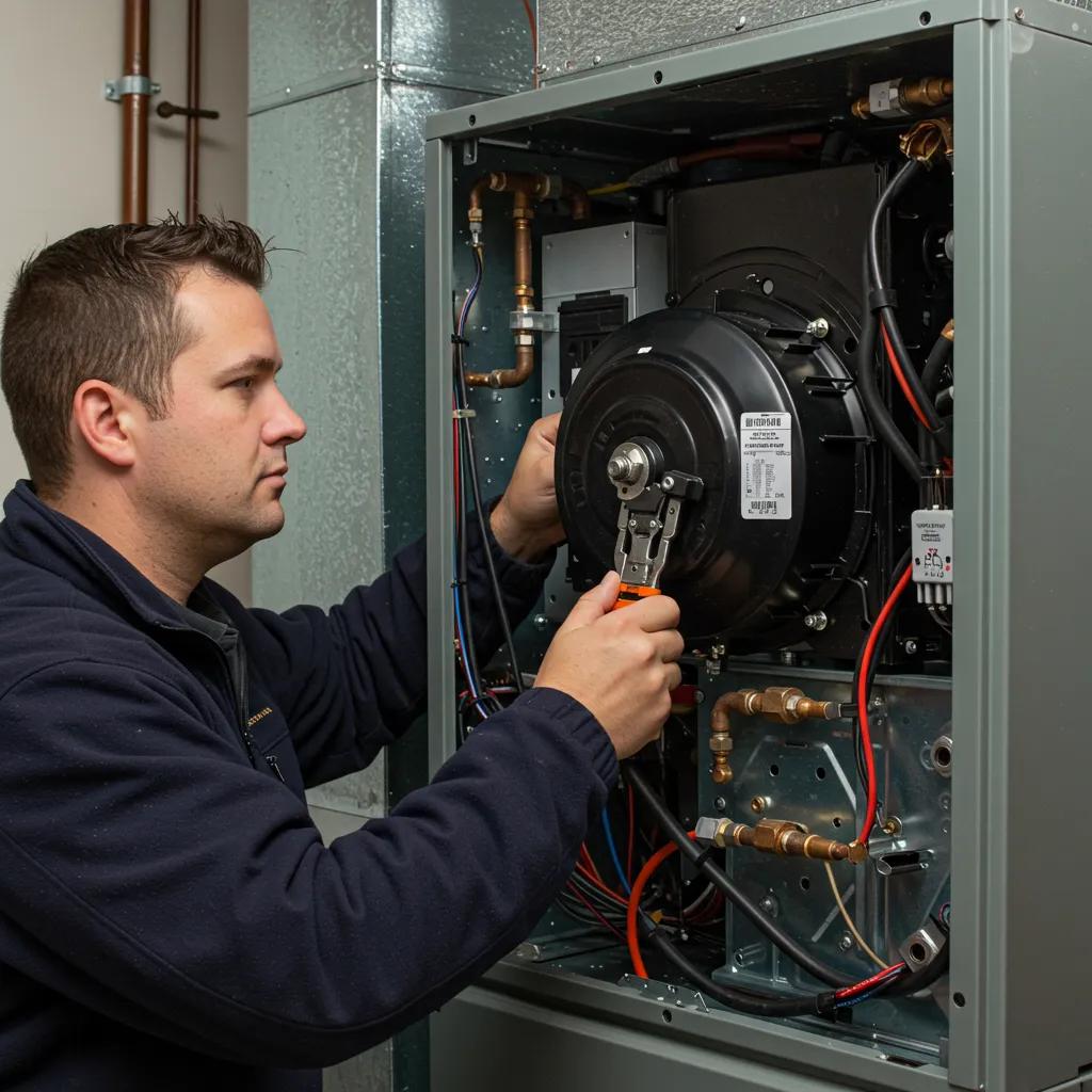 An HVAC technician carefully examining a furnace's blower assembly to identify the source of unusual noises