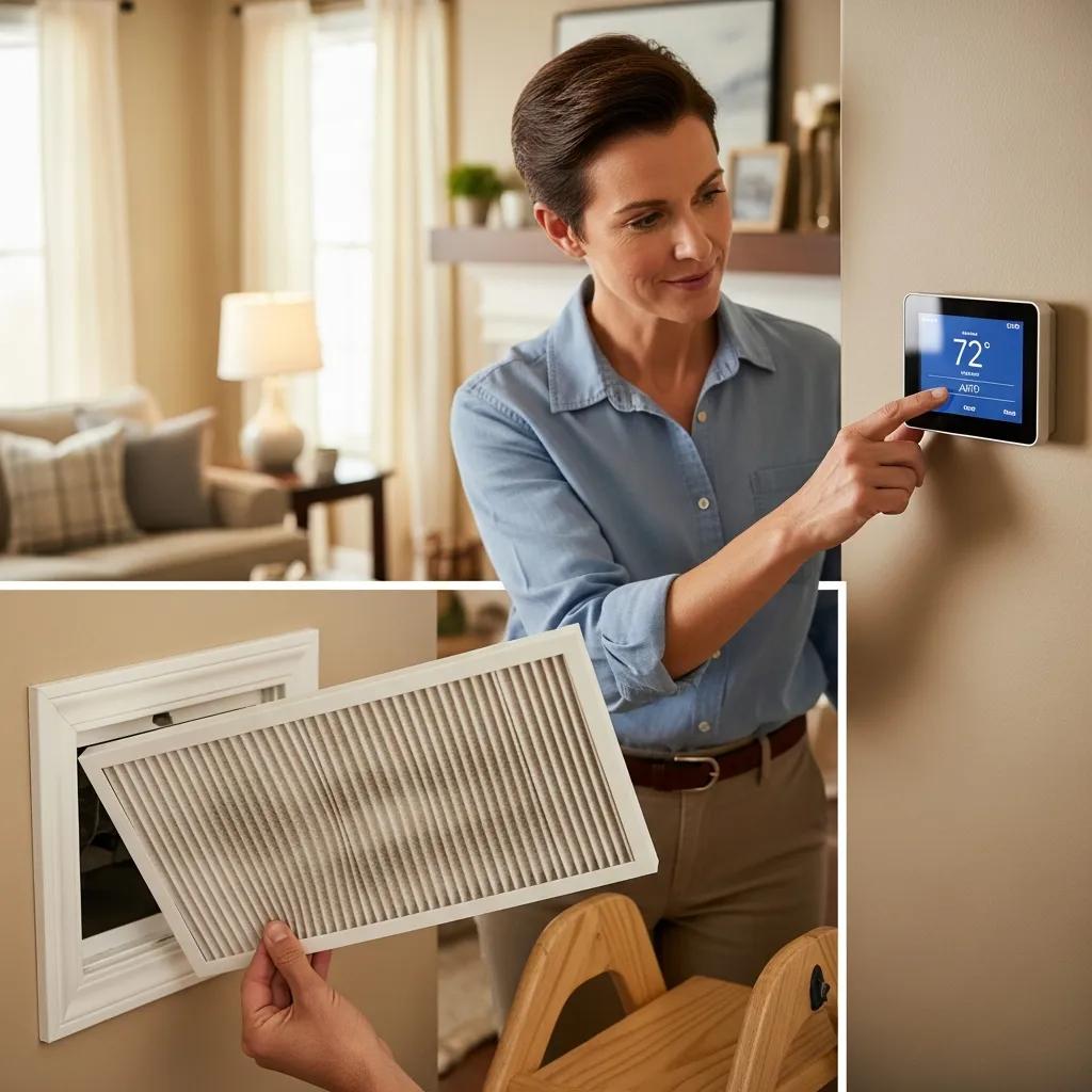 Common Heat Pump Problems: Expert Repair Solutions to Try 2 Homeowner checking a thermostat and inspecting an air filter for simple heat pump troubleshooting