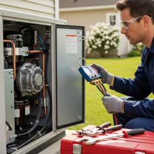 Technician inspecting a heat pump unit outdoors, highlighting repair expertise and home comfort