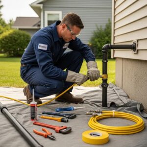 Gas line installation professional working safely on a residential property