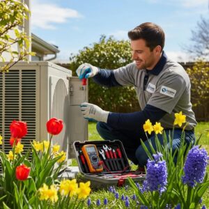 Technician performing spring maintenance on an air conditioning unit in a sunny garden